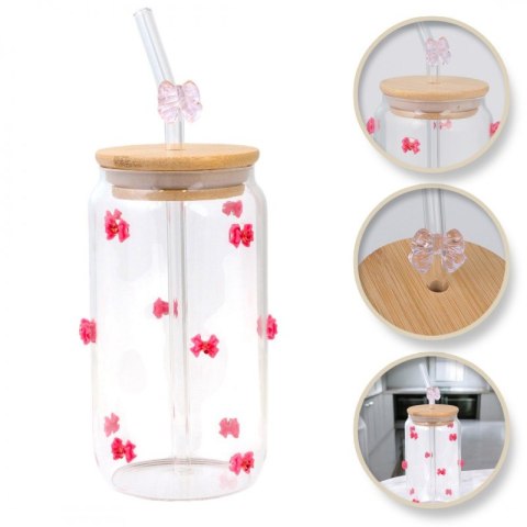 Szklanka, różowe kokardki z cyrkoniami - z rurką i bambusową pokrywką 460 ml - SZK135 Szklanka, różowe kokardki z cyrkoniami - z rurką i bambusową pokrywką 460 ml - SZK135