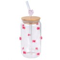 Szklanka, różowe kokardki z cyrkoniami - z rurką i bambusową pokrywką 460 ml - SZK135 Szklanka, różowe kokardki z cyrkoniami - z rurką i bambusową pokrywką 460 ml - SZK135