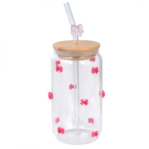 Szklanka, różowe kokardki z cyrkoniami - z rurką i bambusową pokrywką 460 ml - SZK135 Szklanka, różowe kokardki z cyrkoniami - z rurką i bambusową pokrywką 460 ml - SZK135