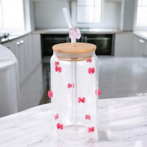 Szklanka, różowe kokardki z cyrkoniami - z rurką i bambusową pokrywką 460 ml - SZK135 Szklanka, różowe kokardki z cyrkoniami - z rurką i bambusową pokrywką 460 ml - SZK135