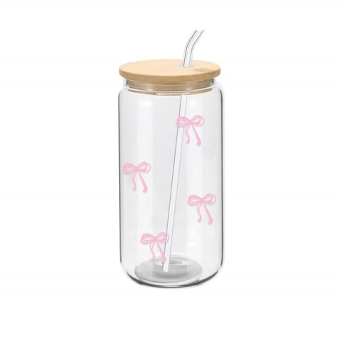 Szklanka, różowe kokardki - z rurką i bambusową pokrywką 500 ml - SZK131 Szklanka, różowe kokardki - z rurką i bambusową pokrywką 500 ml - SZK131