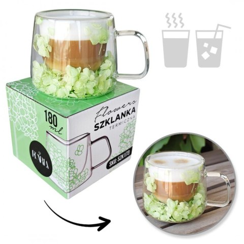 Szklanka termiczna z hortensją w środku, zielona 180 ml 1szt SZK173 Szklanka termiczna z hortensją w środku, zielona 180 ml 1szt SZK173