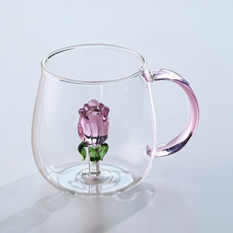 Szklanka ze szklanym tulipanem w środku, różowa rączka 400ml - SZK129 Szklanka ze szklanym tulipanem w środku, różowa rączka 400ml - SZK129