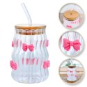 Szklanka, różowe kokardki z rurką i bambusową pokrywką 450 ml - SZK95 Szklanka, różowe kokardki z rurką i bambusową pokrywką 450 ml - SZK95